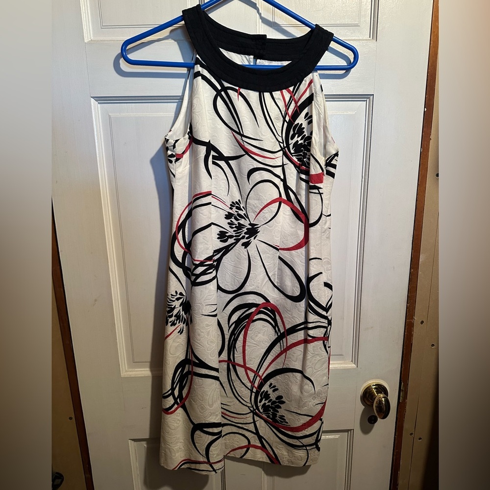Ann Taylor White Midi Dress with Black & Red Floral Swirl